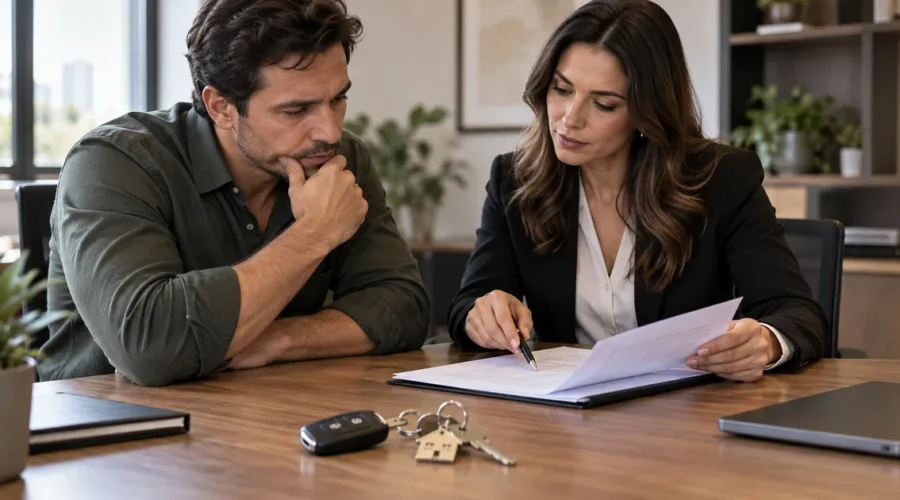 Cliente analisa contrato de dívida garantida com advogada bancária