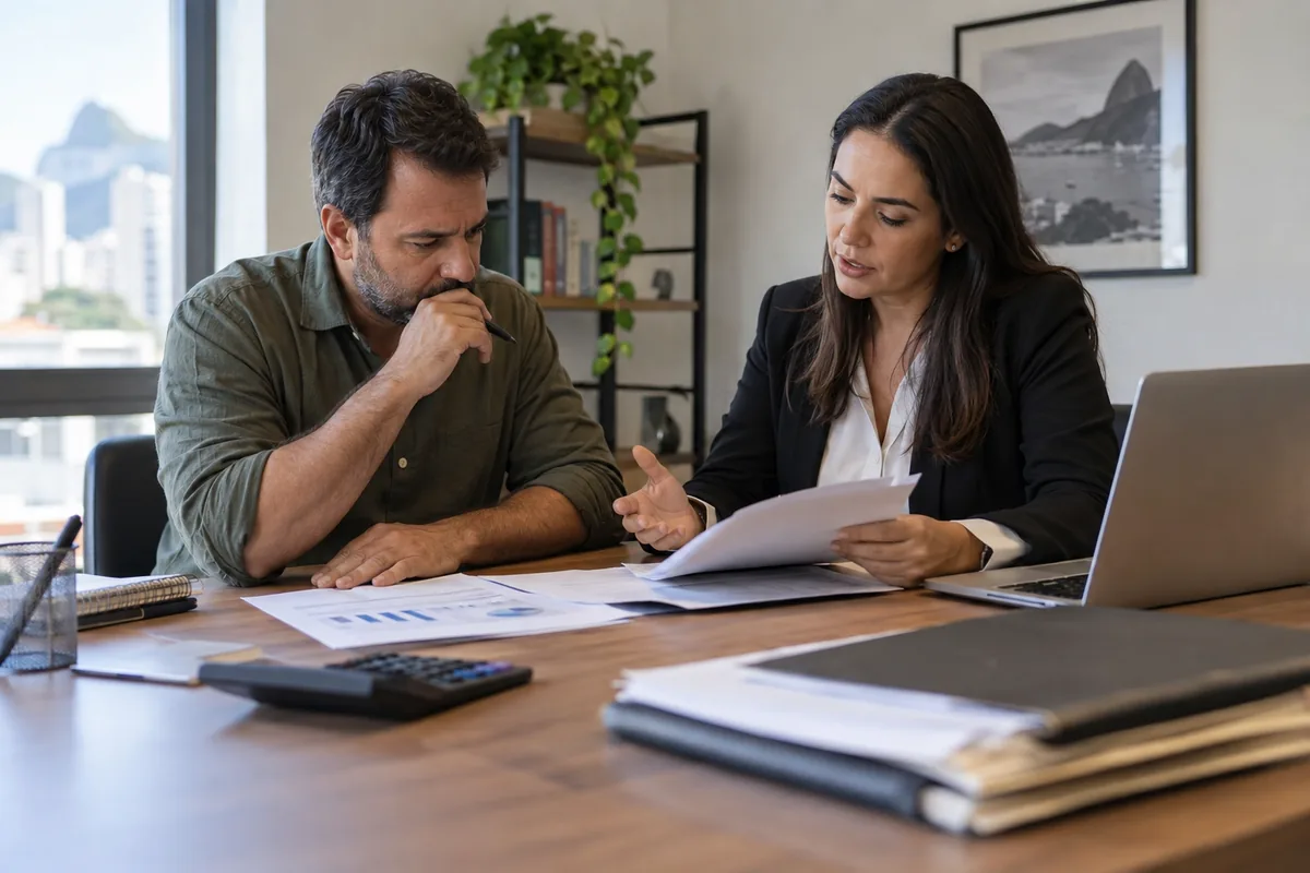 Empresário e advogada analisam plano financeiro para pagar dívida trabalhista