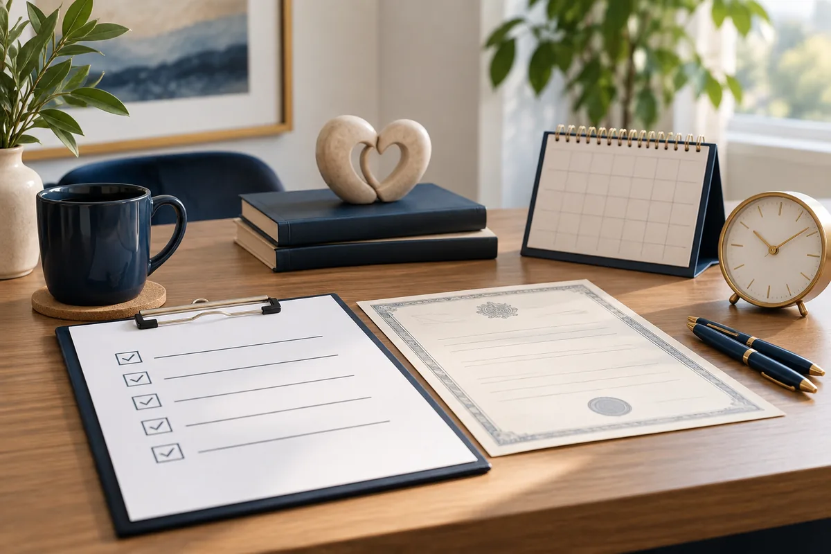 Checklist, certidão, calendário e relógio para organizar o divórcio