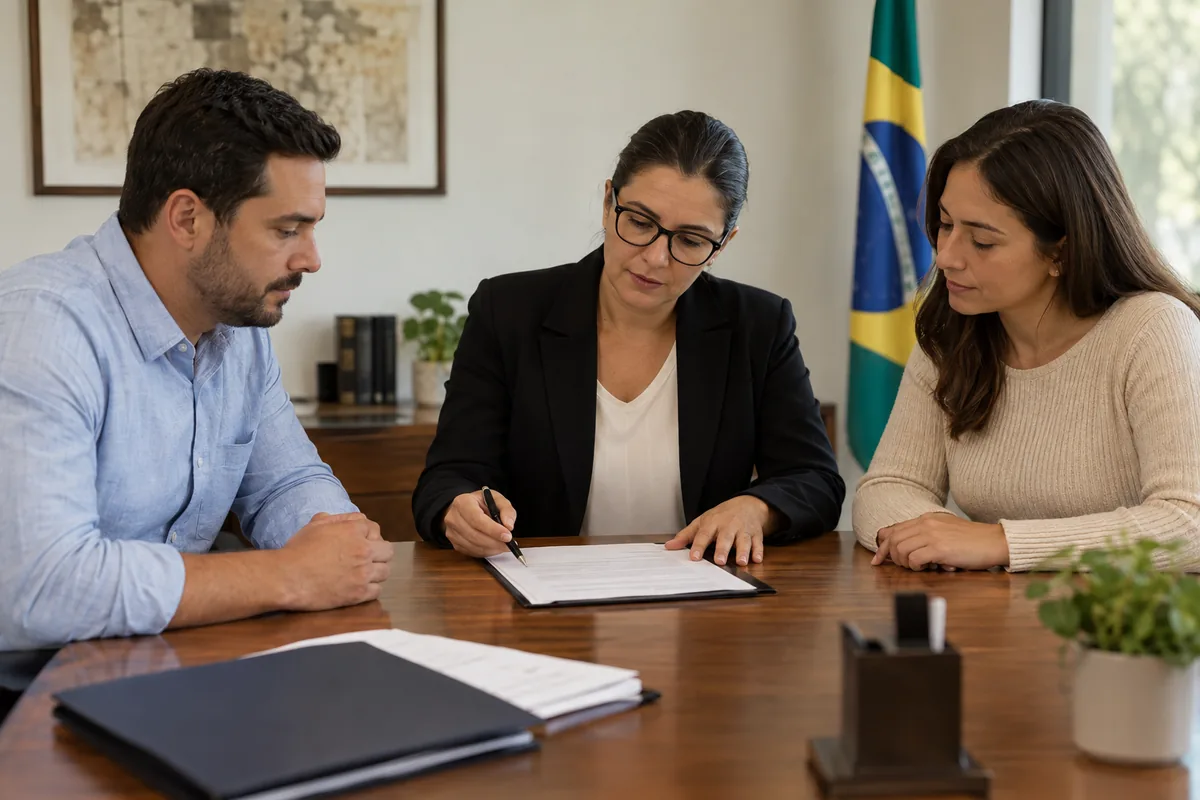 Casal em reunião para formalizar divórcio consensual no cartório