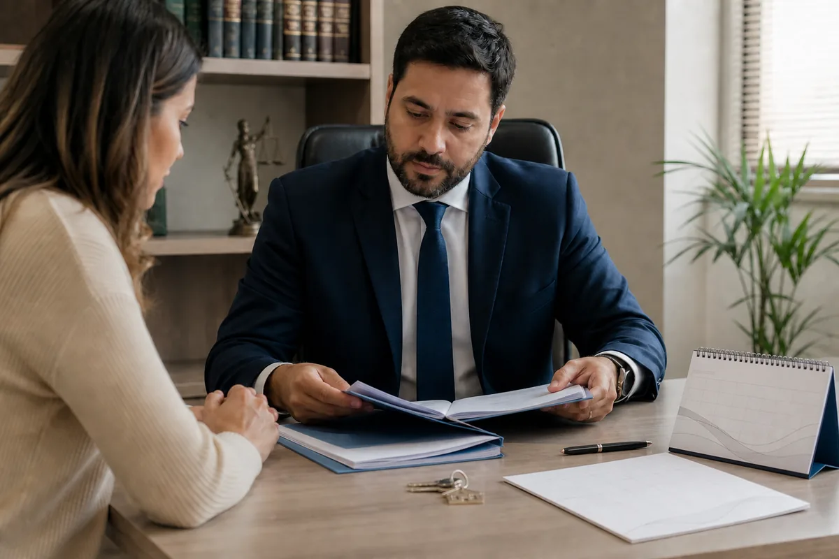 Advogado de família e cliente analisam documentos, calendário e patrimônio