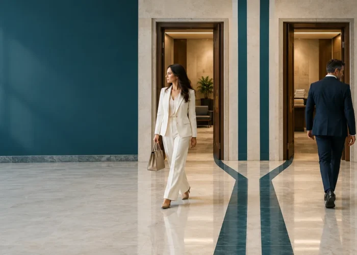 Casal segue caminhos distintos em ambiente que representa as etapas do divórcio litigioso