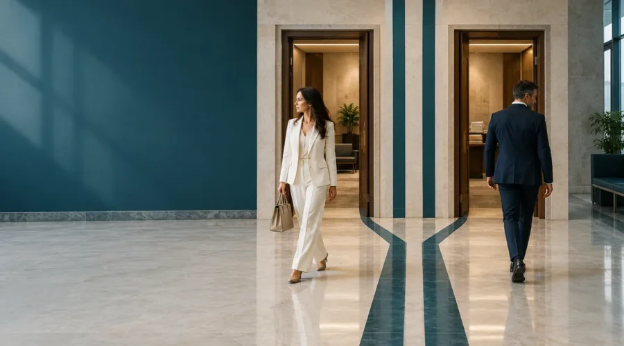 Casal segue caminhos distintos em ambiente que representa as etapas do divórcio litigioso
