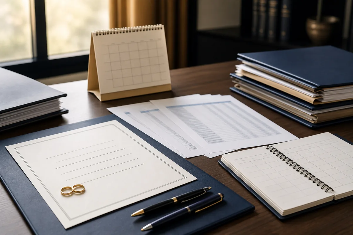 Certidão, alianças, calendário e pastas de documentos organizados para um divórcio litigioso