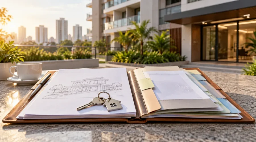 Pasta organizada com documentos e chave diante de edifício residencial