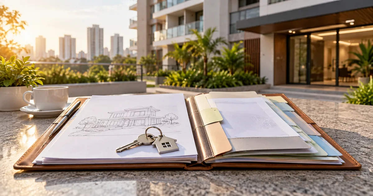 Pasta organizada com documentos e chave diante de edifício residencial