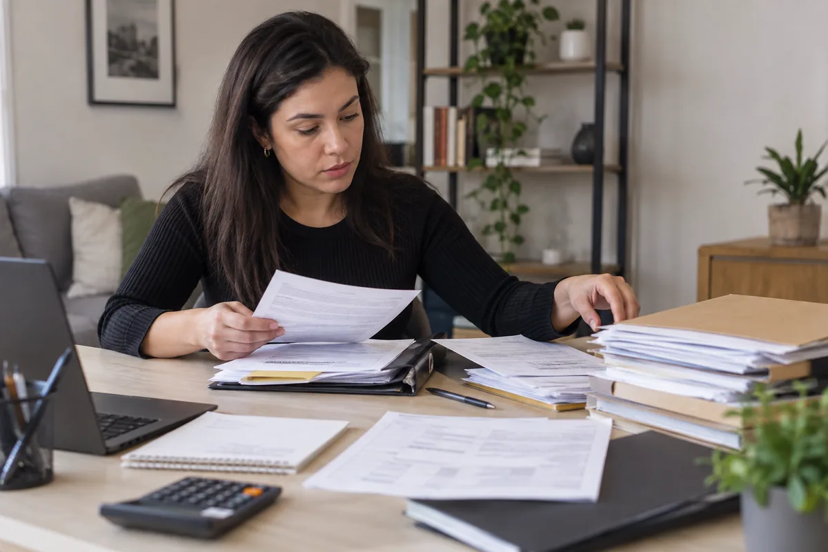 Consumidora organiza faturas, contratos e protocolos para ação de cobrança indevida