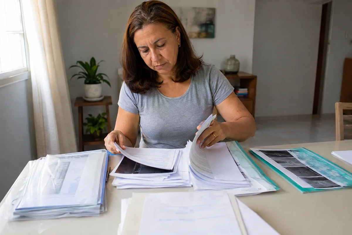 Trabalhadora organiza laudos e exames para o pedido previdenciário