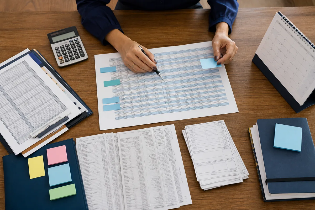 Planilhas, holerites, calendário e documentos usados em cálculos trabalhistas