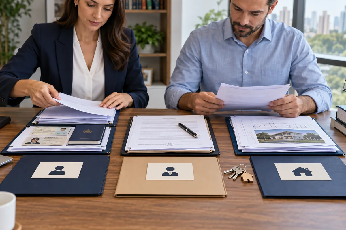 Comprador e advogada organizam documentos do comprador, vendedor e imóvel