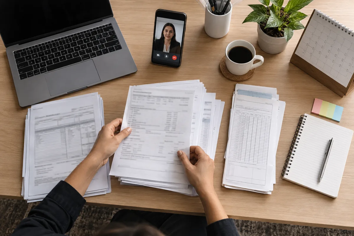 Pessoa organiza documentos para atendimento trabalhista remoto
