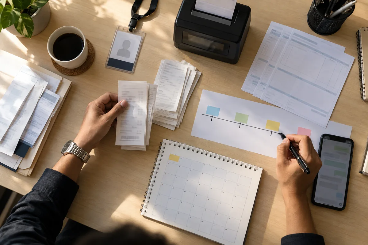 Comprovantes e calendário organizados para consulta trabalhista