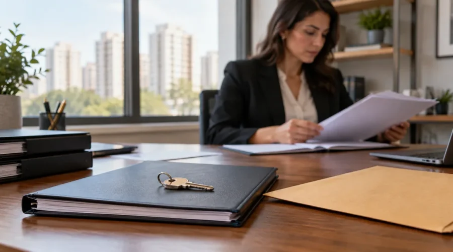 Chave e pasta de documentos revisadas por advogada imobiliária