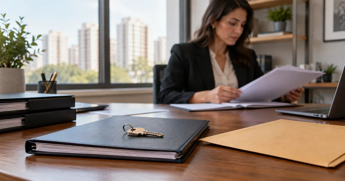 Chave e pasta de documentos revisadas por advogada imobiliária