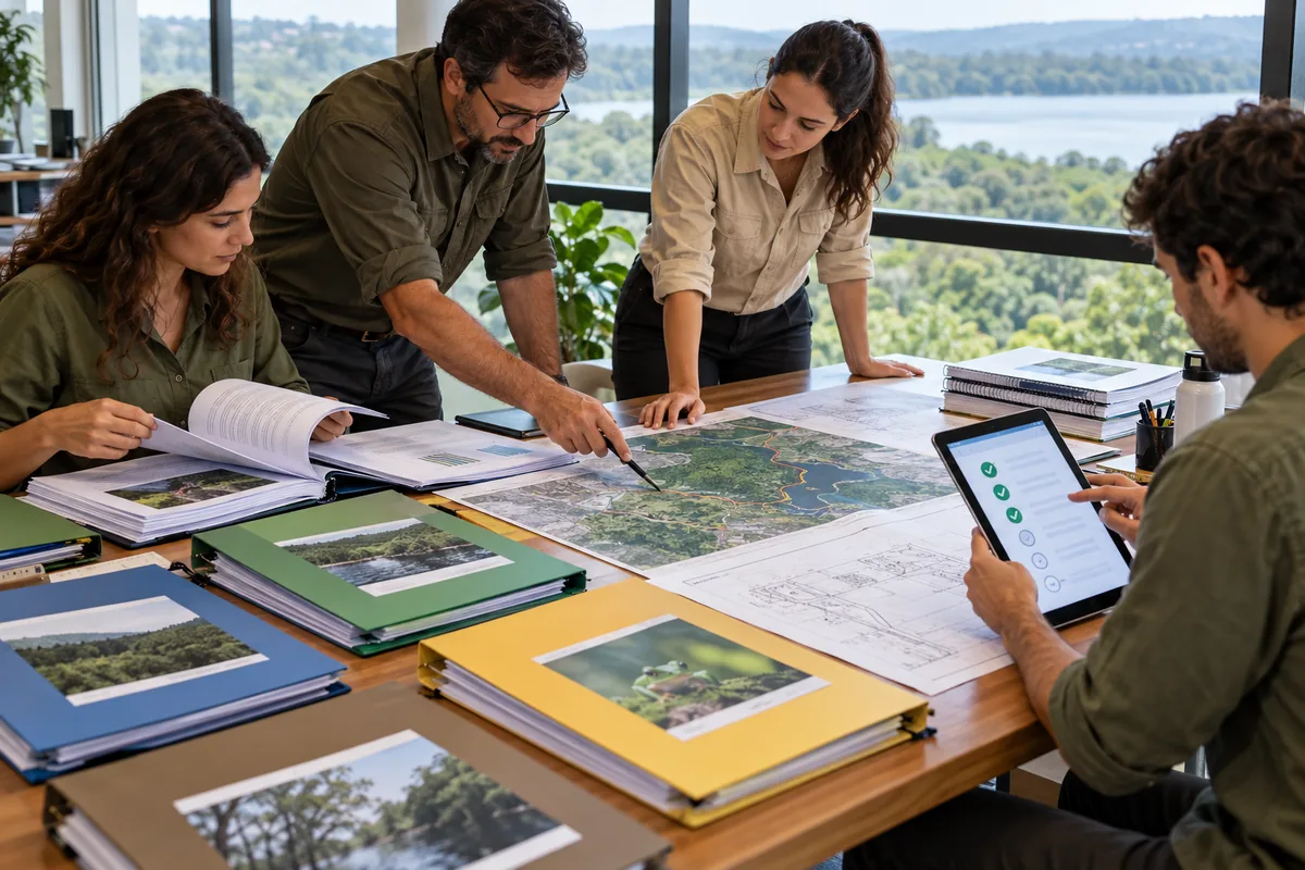 Equipe organiza mapas plantas relatórios e checklist do licenciamento ambiental