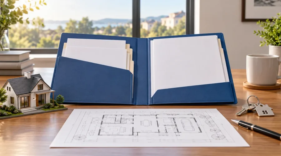 Pasta organizada, planta, chaves e maquete para checklist de regularização