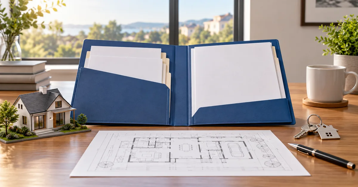 Pasta organizada, planta, chaves e maquete para checklist de regularização