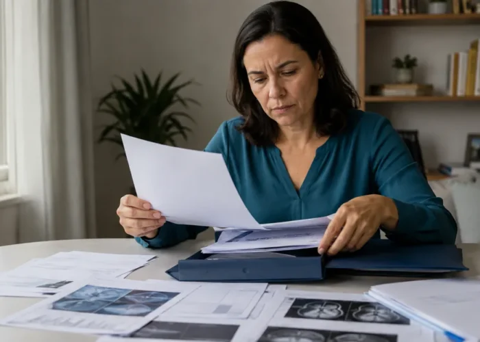 Mulher confere documentos médicos para pedir aposentadoria por incapacidade
