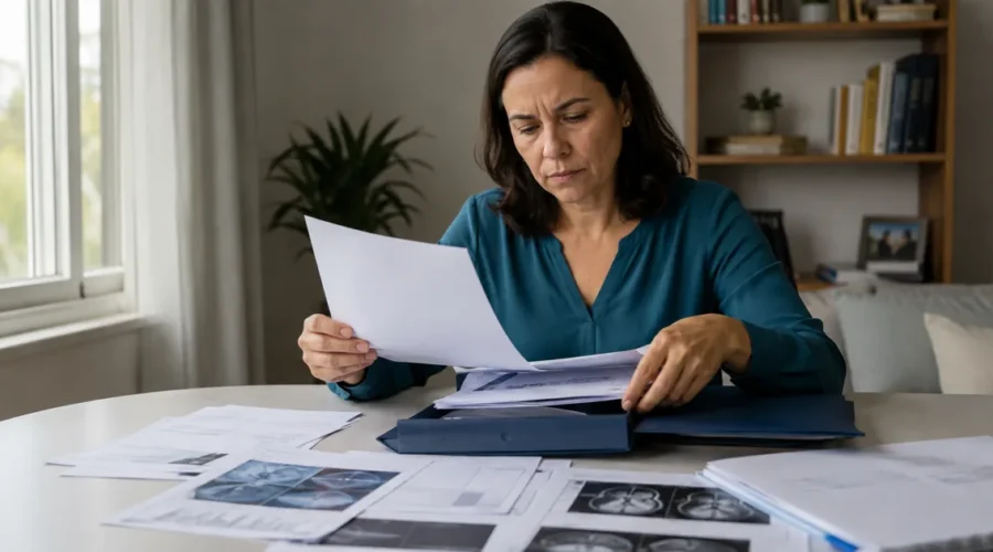 Mulher confere documentos médicos para pedir aposentadoria por incapacidade