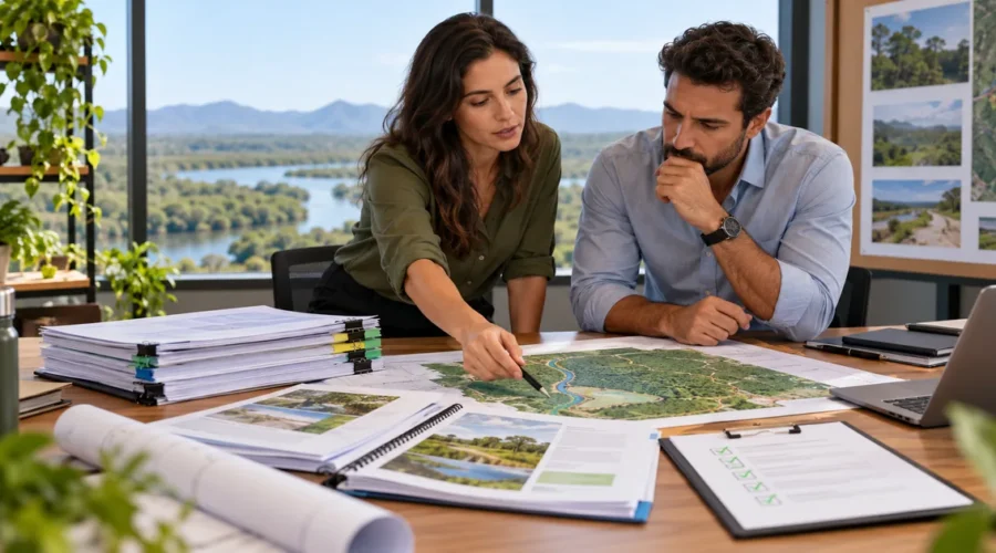 Consultora e gestor revisam dossiê e mapa para licenciamento ambiental