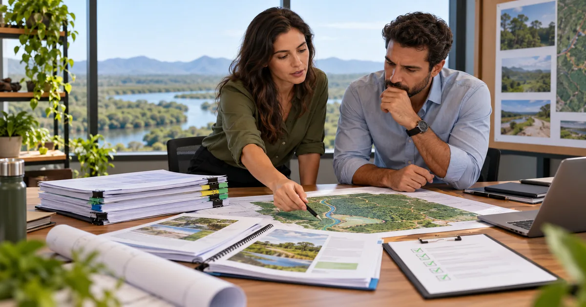 Consultora e gestor revisam dossiê e mapa para licenciamento ambiental