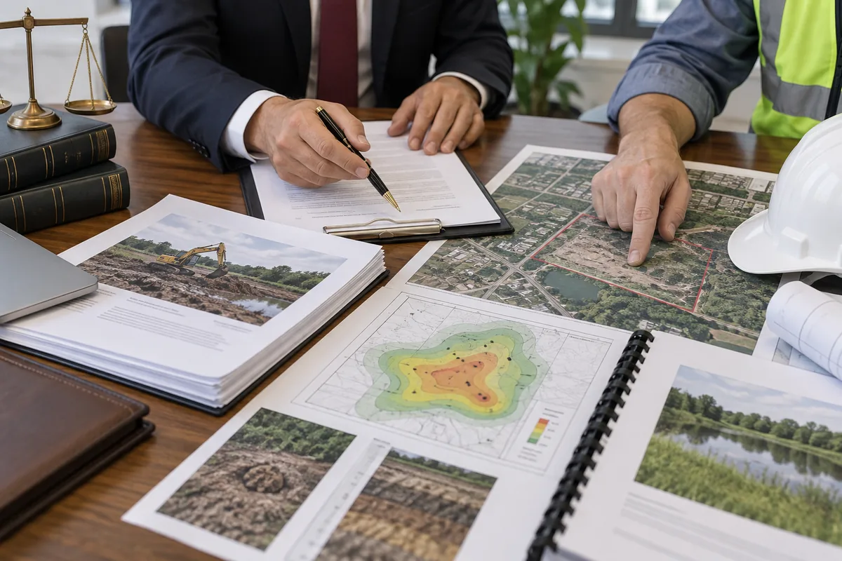 Advogado e engenheiro analisam contratos, mapas e relatórios ambientais