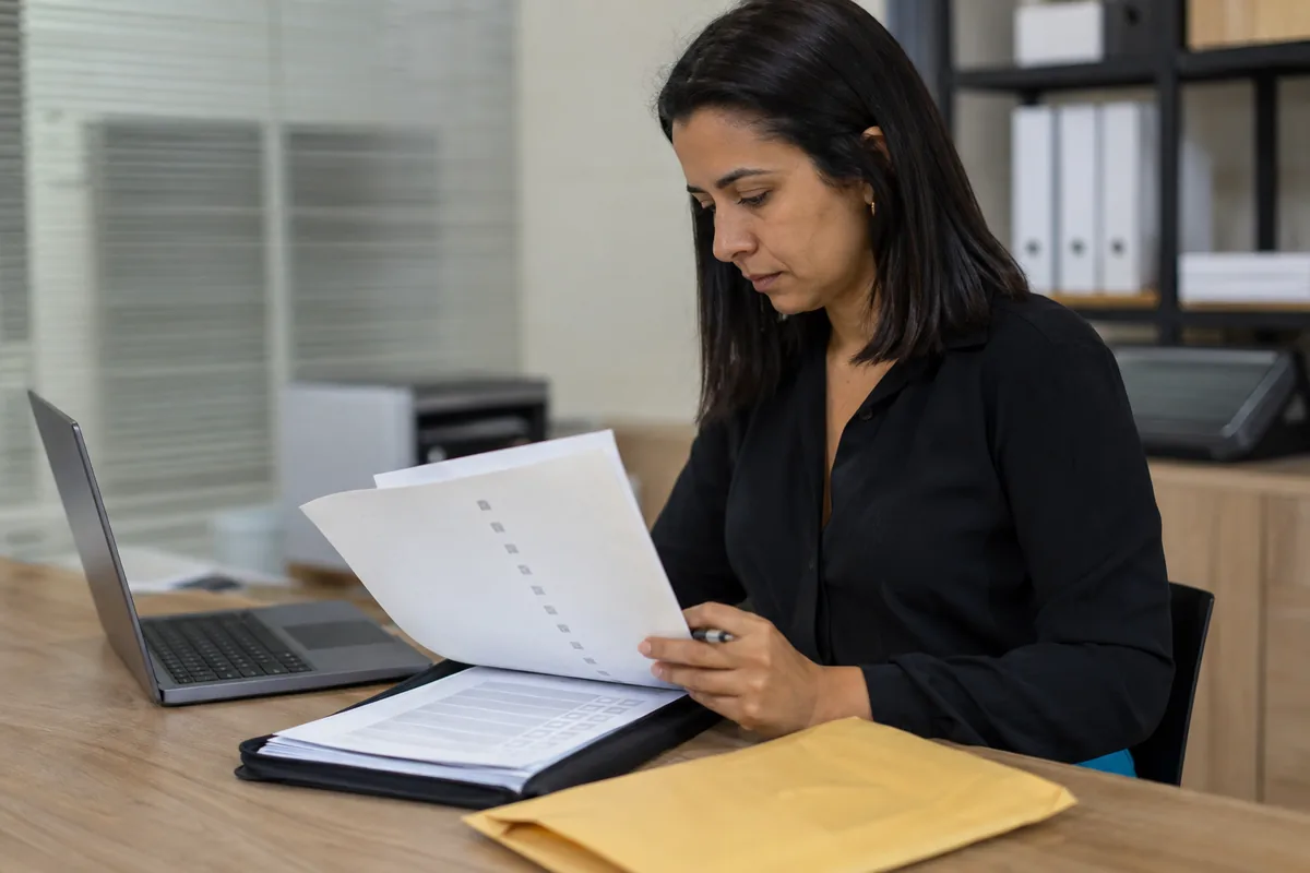 Profissional organiza documentos e comprovantes da rescisão do contrato