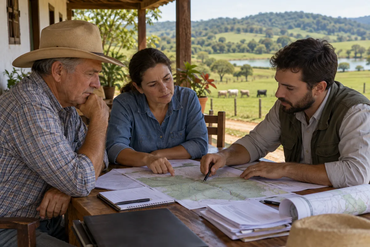 Família e profissional analisam mapas e documentos de propriedade rural