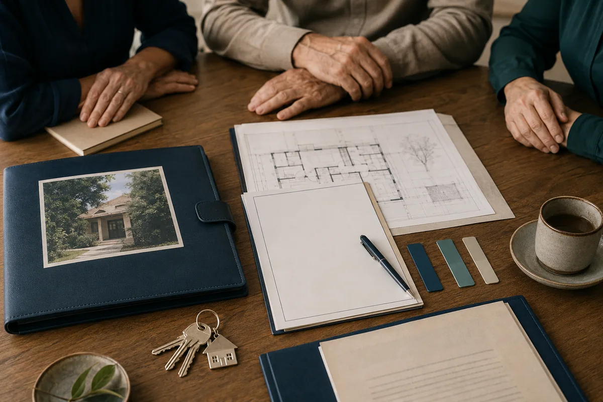 Pasta, planta e chaves organizadas para analisar a venda de imóvel do espólio