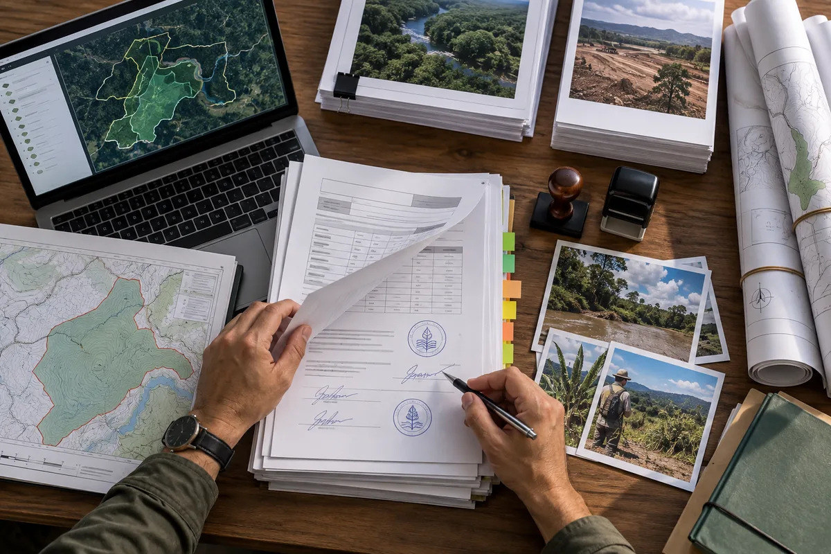 Profissional confere versões assinaturas mapas e registros de campo
