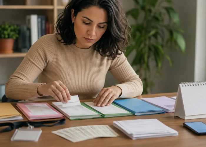 Trabalhadora organiza documentos de emprego em pastas coloridas