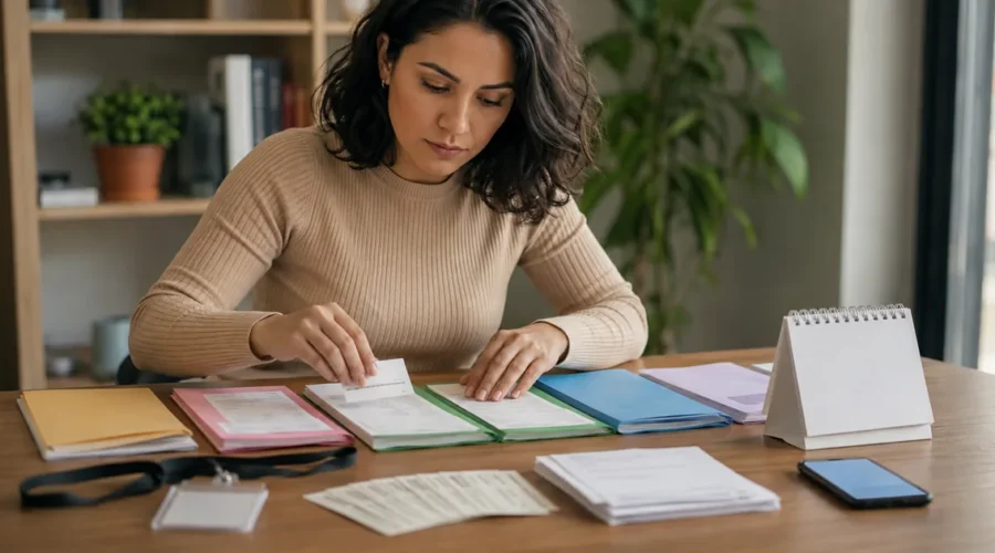 Trabalhadora organiza documentos de emprego em pastas coloridas