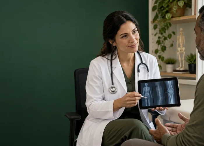 Médica conversa com paciente durante avaliação funcional