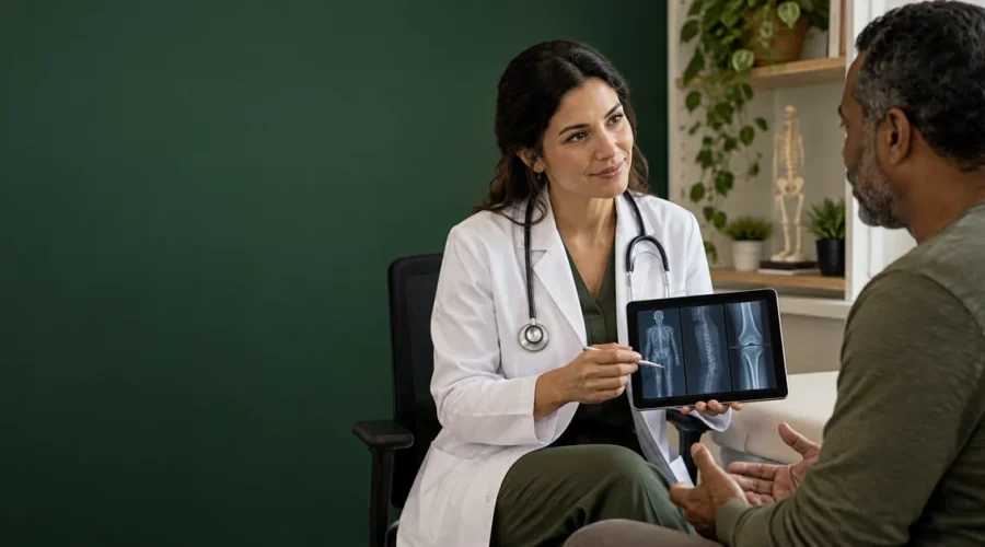 Médica conversa com paciente durante avaliação funcional
