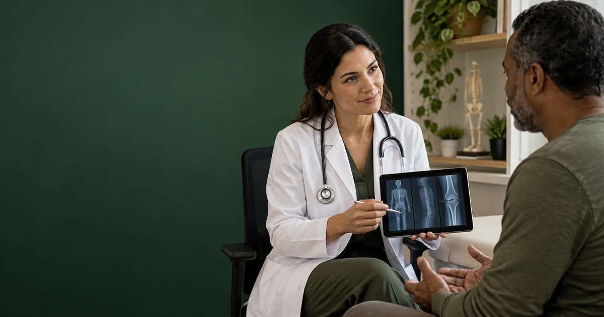 Médica conversa com paciente durante avaliação funcional