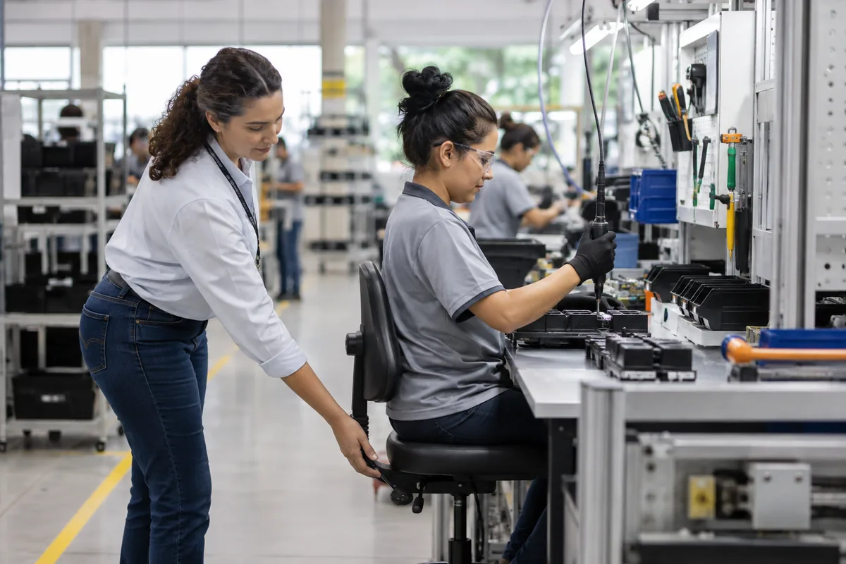 Profissional ajusta ergonomia de trabalhadora em posto industrial
