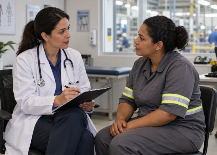 Médica do trabalho orienta trabalhadora sobre doença ocupacional