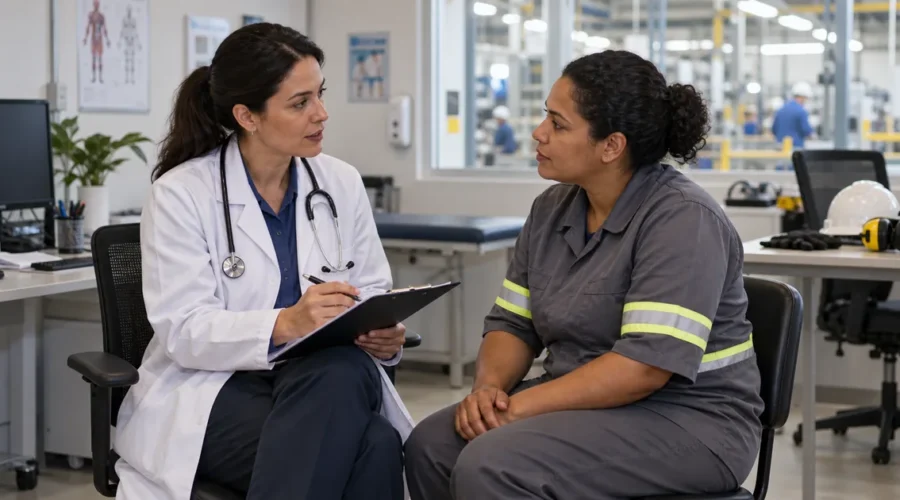 Médica do trabalho orienta trabalhadora sobre doença ocupacional