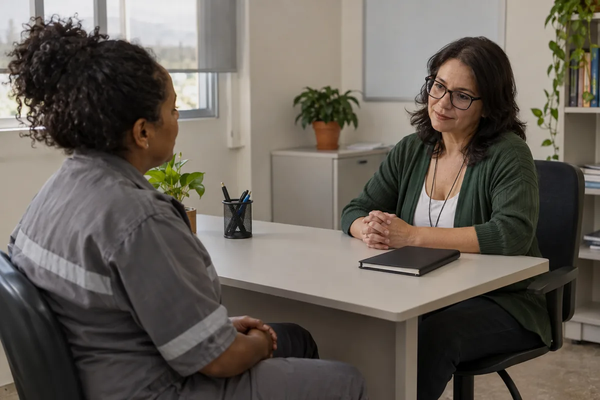 Trabalhadora conversa com profissional sobre saúde mental relacionada ao trabalho