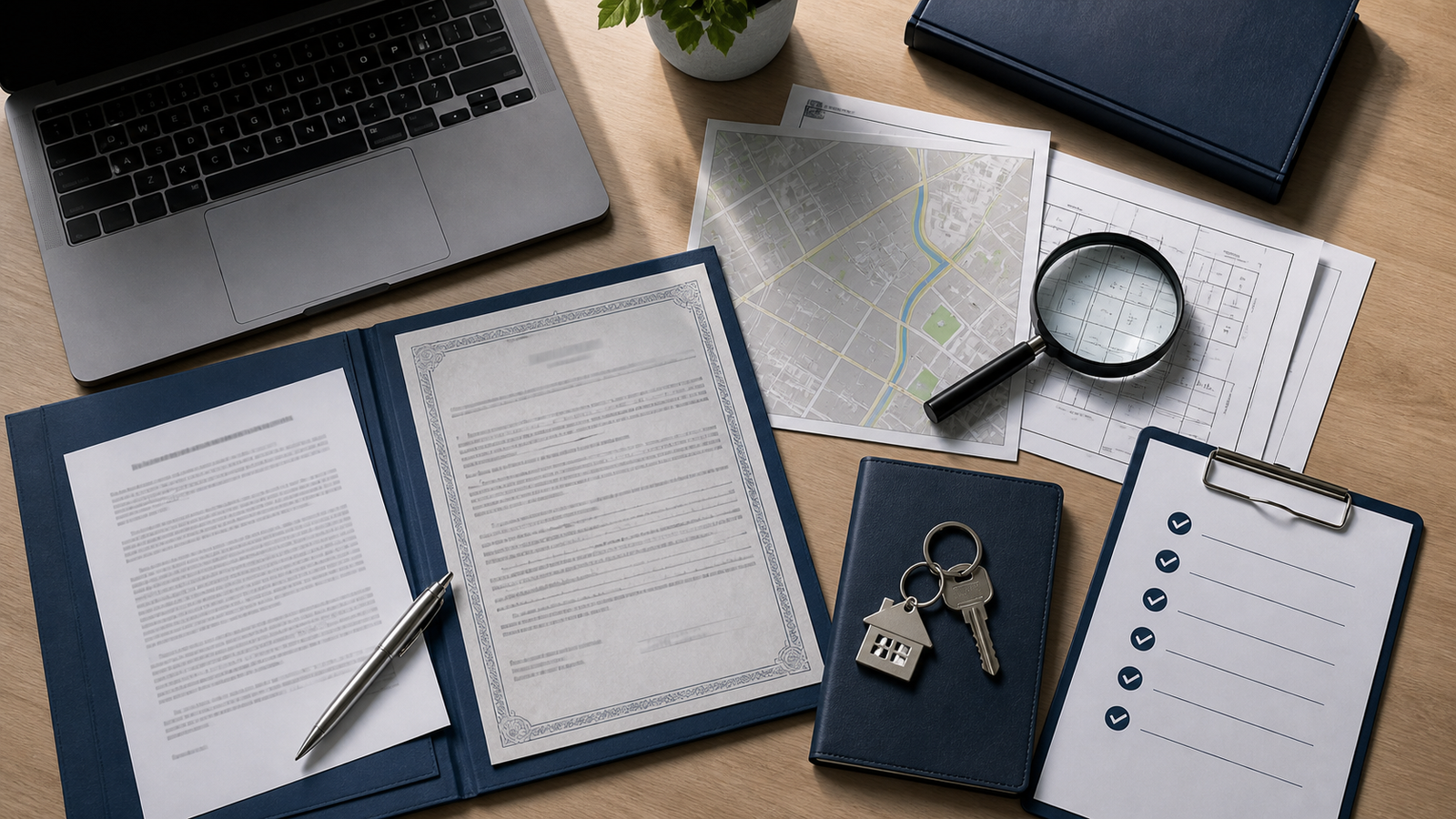 Documentos, mapa, lupa e chaves usados na verificação jurídica de imóvel