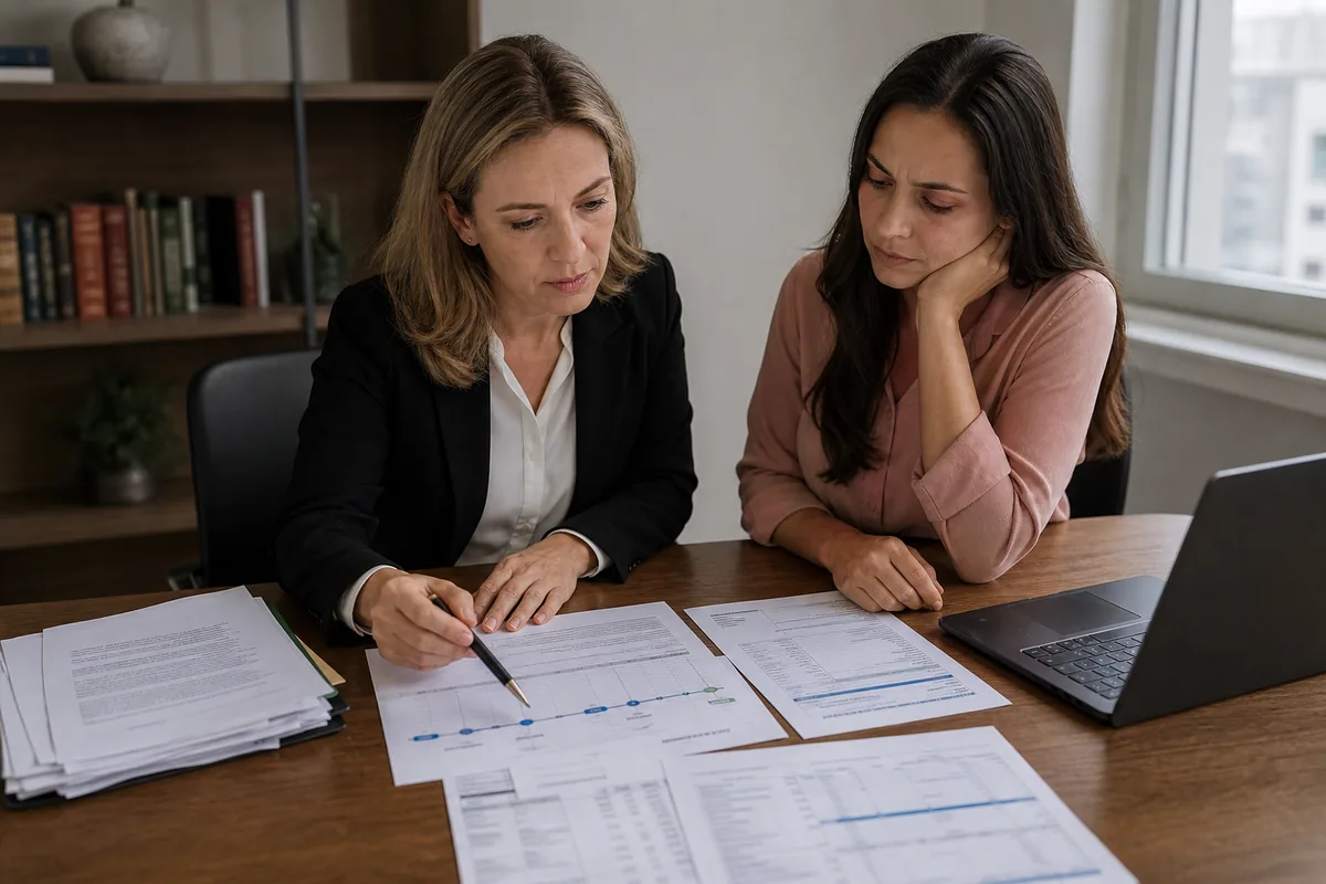 Advogada e cliente analisam extratos e comprovantes de verba impenhorável