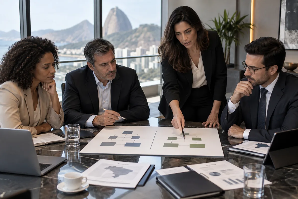 Equipe compara estruturas empresariais em planejamento tributário