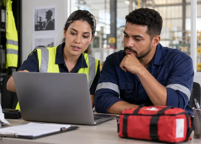 Técnica de segurança e trabalhador revisam registro da CAT no computador
