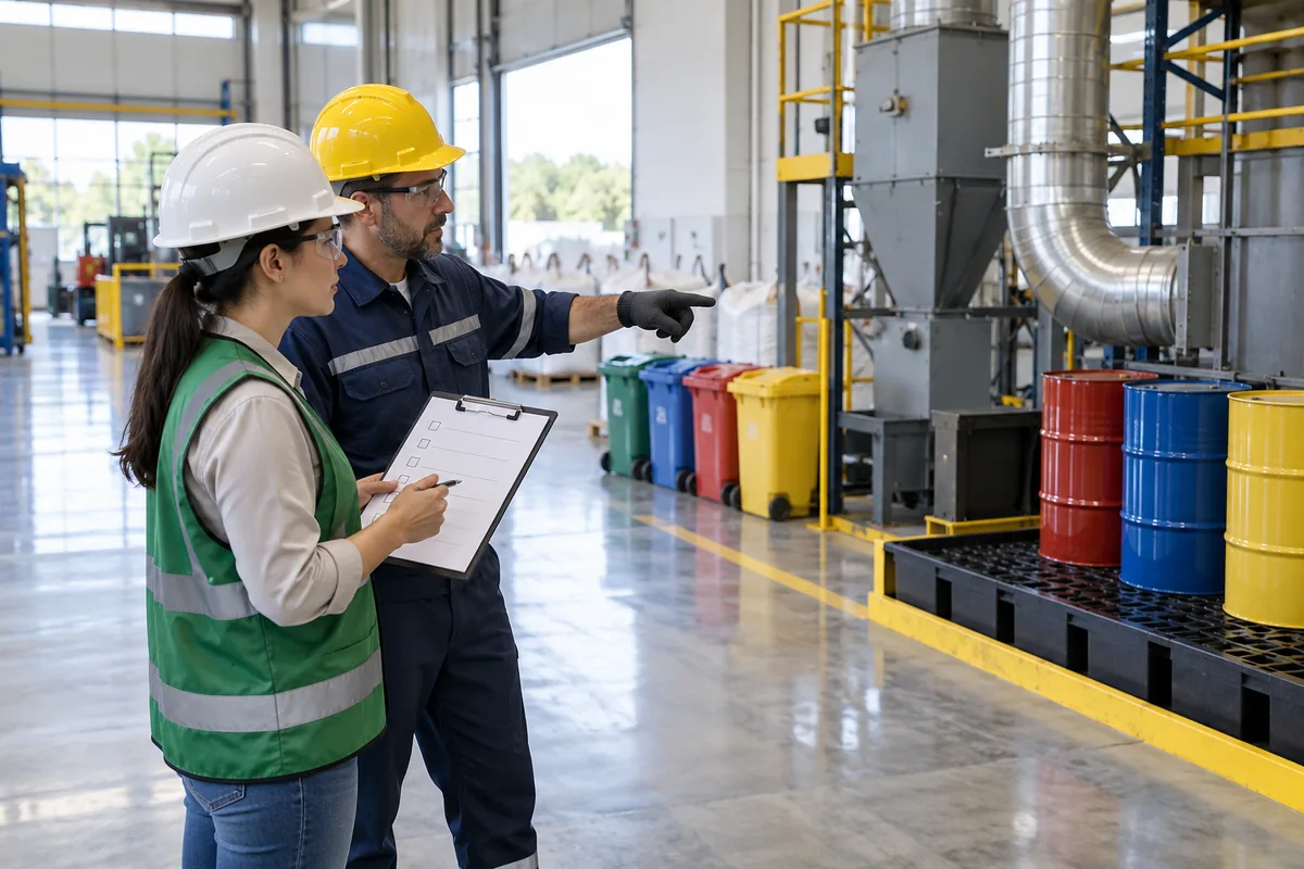 Gestora e supervisor verificam controles ambientais no chão de fábrica