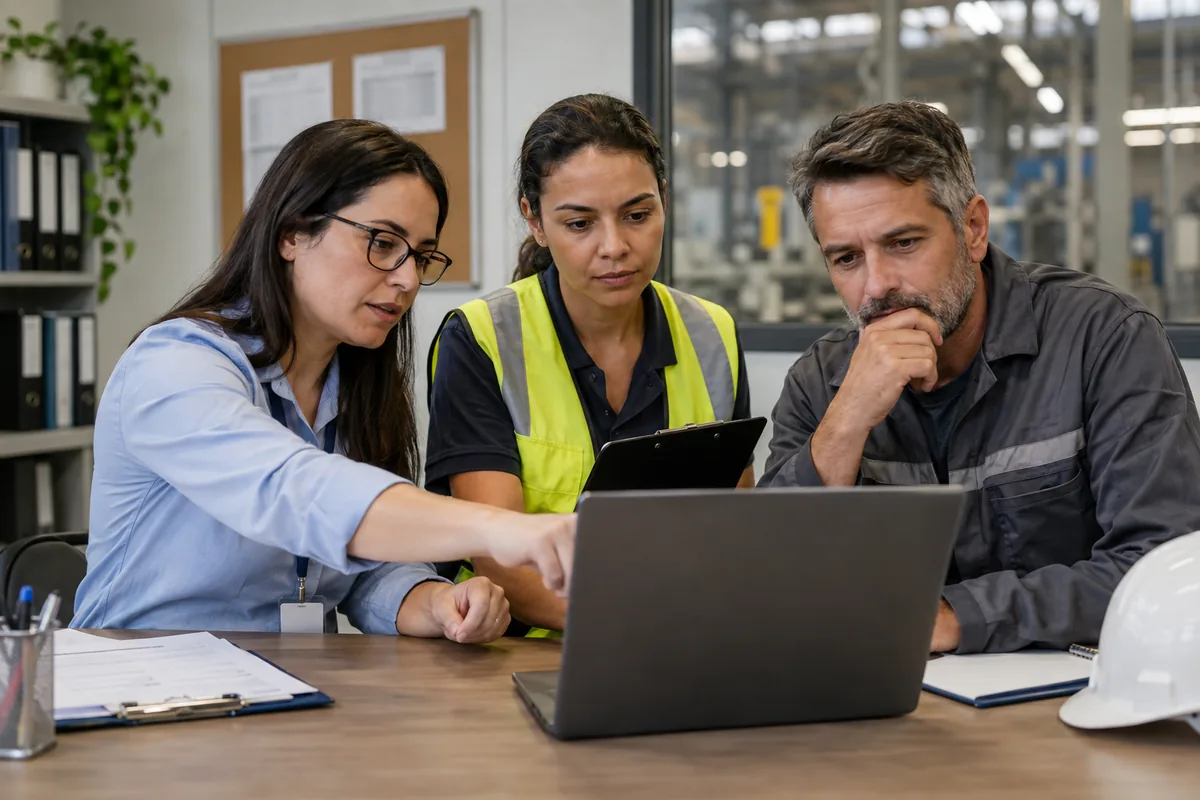 Equipe de segurança e recursos humanos revisa registro de acidente de trabalho