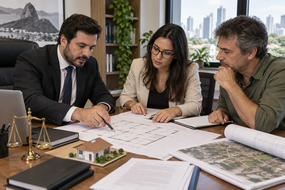 Advogado, arquiteta e proprietário analisam planta e documentos do imóvel