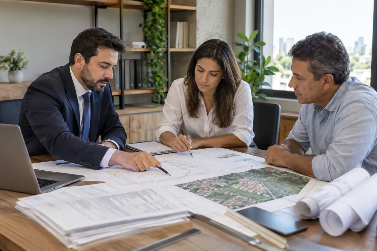 Advogado, profissional técnico e cliente analisam planta de imóvel