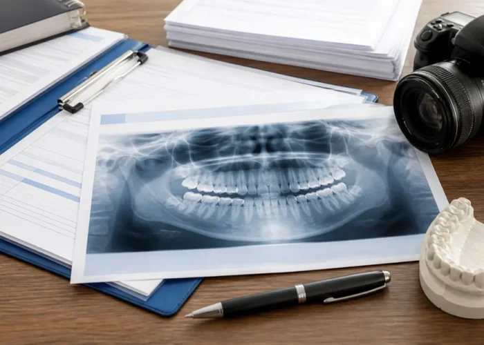 Radiografia, prontuário e modelo dental usados como prova
