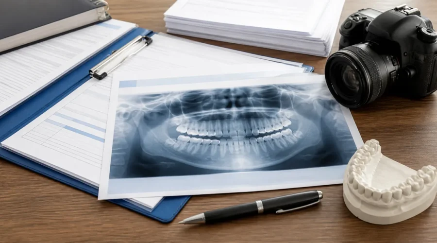 Radiografia, prontuário e modelo dental usados como prova