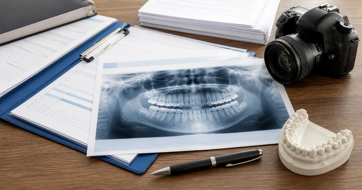 Radiografia, prontuário e modelo dental usados como prova
